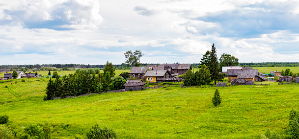 Panorama of Russian village in summer day. Countryside