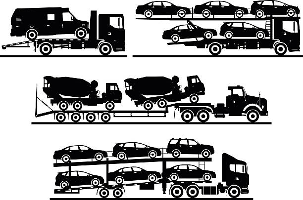 다른 세트 실루엣 자동 운반체 바탕에 흰색 배경. - car car transporter carrying transportation stock illustrations