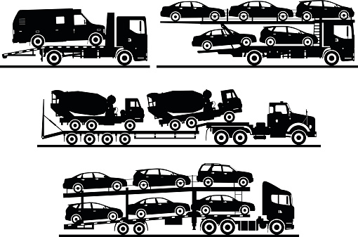 Silhouette illustration of car auto transporters on white background. Vector illustration.