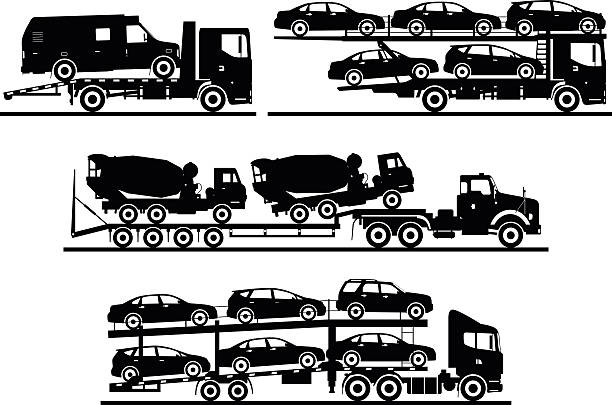 Set of different silhouettes auto transporters isolated on white background. Silhouette illustration of car auto transporters on white background. Vector illustration. transporter stock illustrations