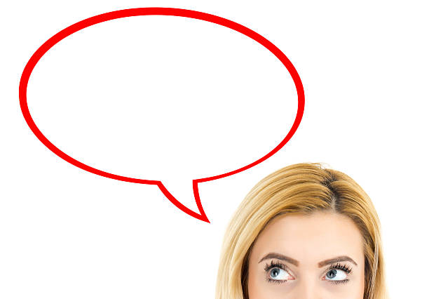 Young woman with speech bubble on blue background
