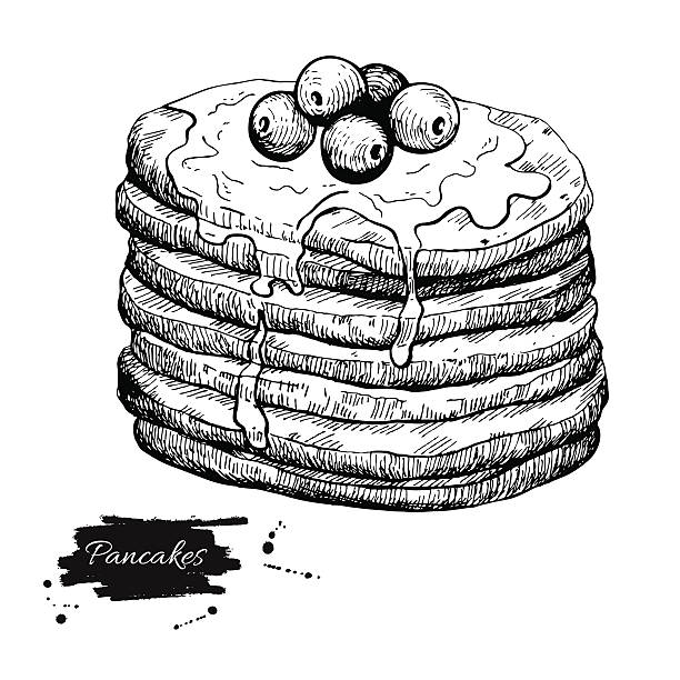 ilustrações, clipart, desenhos animados e ícones de panqueca de desenho de vetor vintage. comida illus desenhado à mão monocromático - pancake illustration and painting food vector
