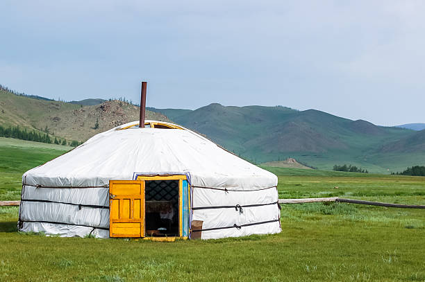 Mongolian yurt on steppe Mongolian yurt called a ger on grassy steppe of northern Mongolia yurt photos stock pictures, royalty-free photos & images