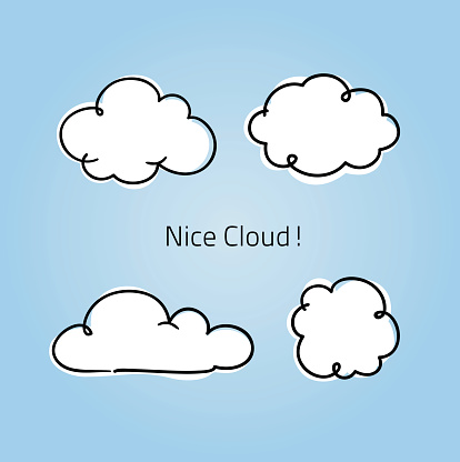 Four simple and cute little fun and whimsical clouds, hand drawn for use as info graphics or captions or thought icons.
