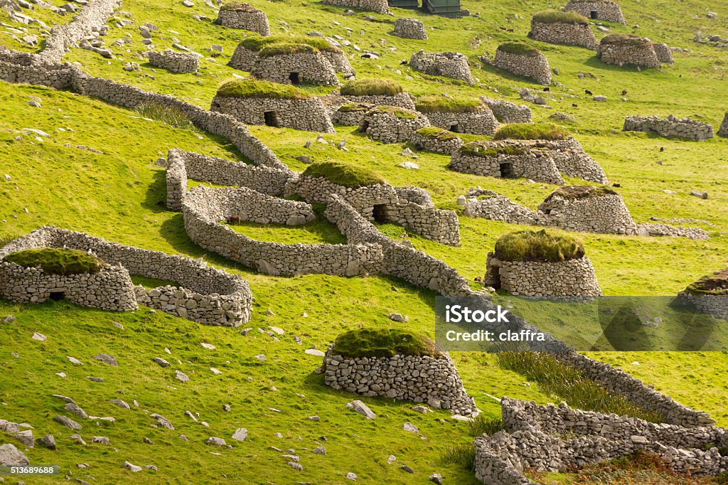 St Kilda Ancient wall structures and shelters on the remote archipelago of St Kilda, Outer Hebrides, Scotland Sheep Stock Photo