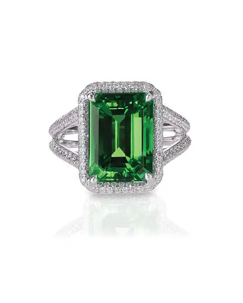 green emerald fashion engagement diamond ring band isolated on white