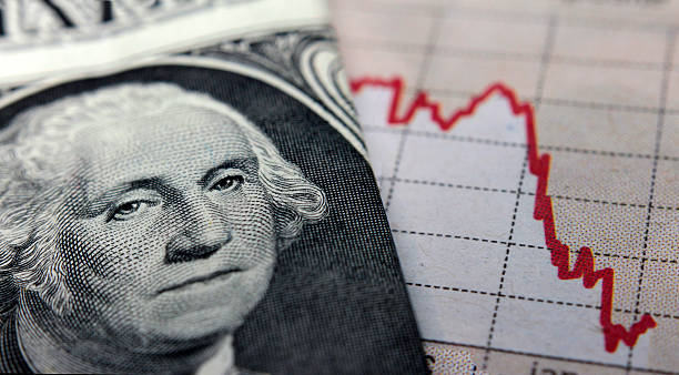 Stock Market Graph next to a 1 dollar bill Stock Market Graph next to a 1 dollar bill (showing former president Washington). Red trend line indicates the stock market recession period inflation economics stock pictures, royalty-free photos & images