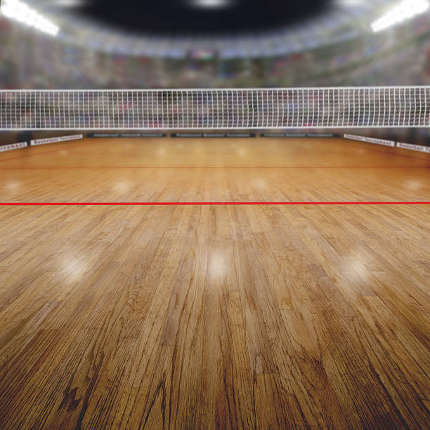 Volleyball Arena With Spectators and Copy Space Volleyball arena full of fans in the stands with deliberate focus on foreground and shallow depth of field on background net and court. Floodlights flare for effect and copy space. Arena rendered in Photoshop. wooden bleachers stock pictures, royalty-free photos & images