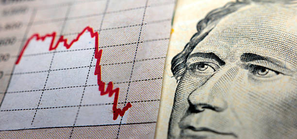 Stock Market Graph & dollar bill Stock Market Graph next to a 10 dollar bill (showing former president Hamilton). Red trend line indicates the stock market recession period stock market crash photos stock pictures, royalty-free photos & images