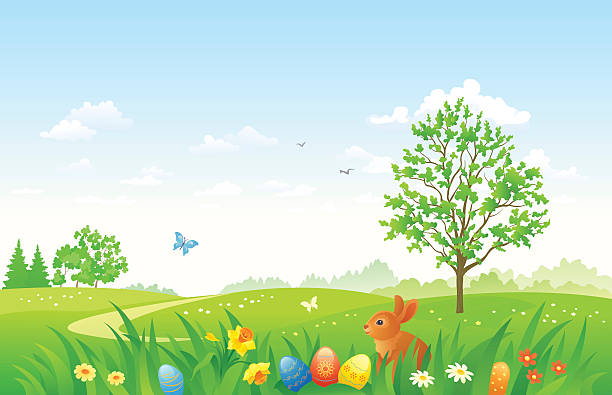 부활제 풍경-a 토끼 - daffodil spring backgrounds sky stock illustrations