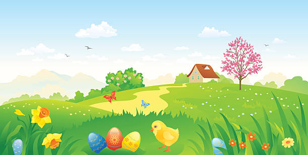 ostern landschaft - daffodil spring backgrounds sky stock-grafiken, -clipart, -cartoons und -symbole