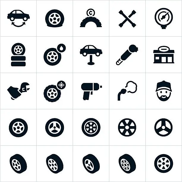 Vector illustration of Wheels, Tires and Tire Repair Icons