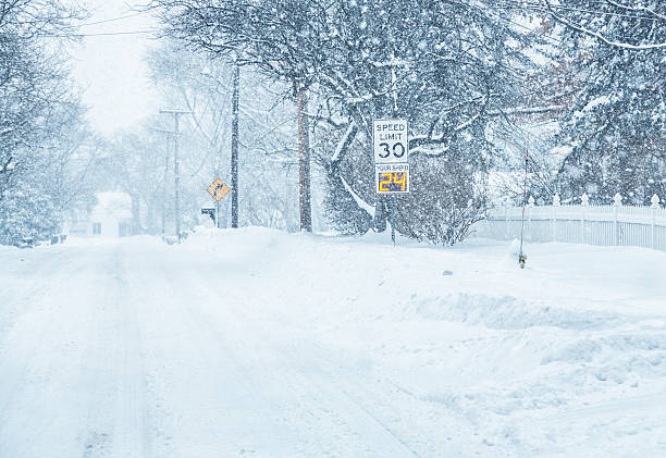 Snow covered road sign in winter forest.