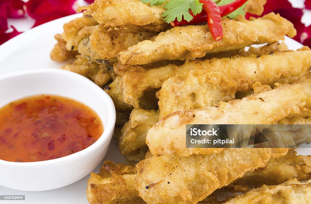 Fried mushrooms Fried mushrooms and sauce  thailand food. Crockery Stock Photo