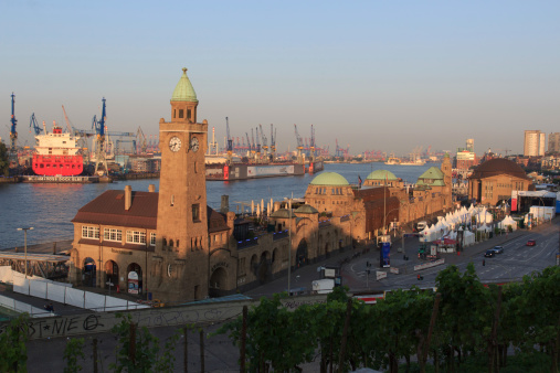 Hamburg Landungsbrücken and skyline from waterfront, Hamburg Landungsbrücken