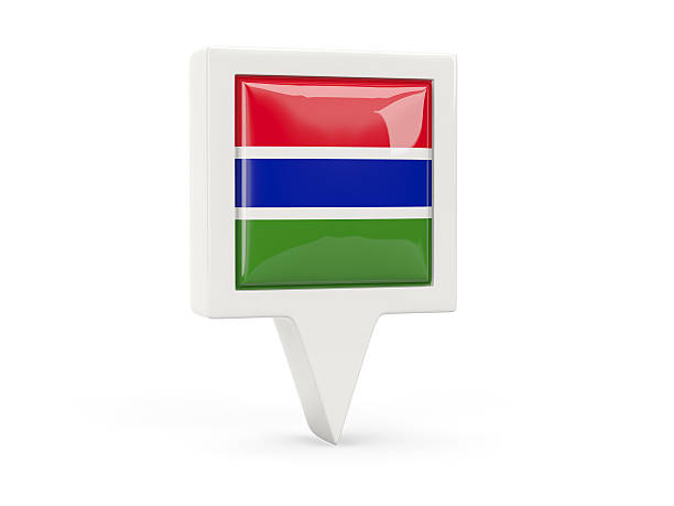 The national flag of Gambia, featuring horizontal stripes of red, blue, and green separated by thin white lines, is shown waving in the wind. The textured fabric highlights its motion and symbolizes national pride and unity.