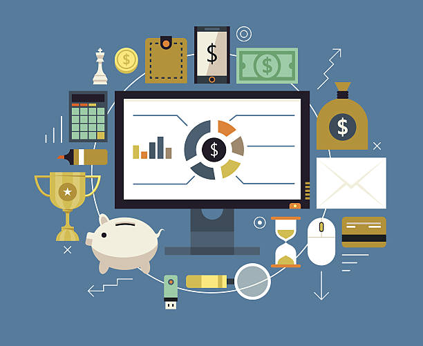 illustrazioni stock, clip art, cartoni animati e icone di tendenza di finanza e denaro articoli della collezione. - credit card analyzing internet mobility