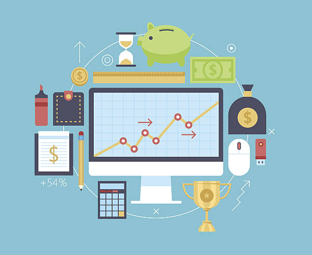 illustrazioni stock, clip art, cartoni animati e icone di tendenza di finanza e denaro articoli della collezione. - credit card analyzing internet mobility