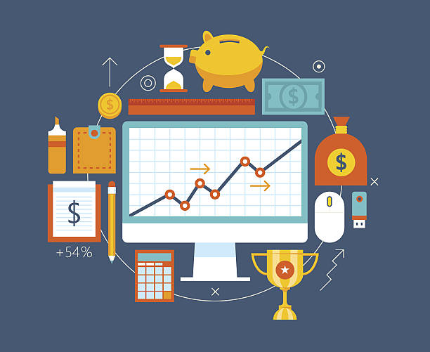 illustrazioni stock, clip art, cartoni animati e icone di tendenza di finanza e denaro articoli della collezione. - credit card analyzing internet mobility