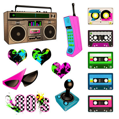 Collection of 80's-themed elements. All artwork is my own. Cardboard overlay texture has been added to all of the elements pictured for a retro feel.