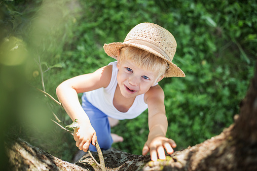 Outdoor portrait: beautiful child with a straw hat climbs in a tree