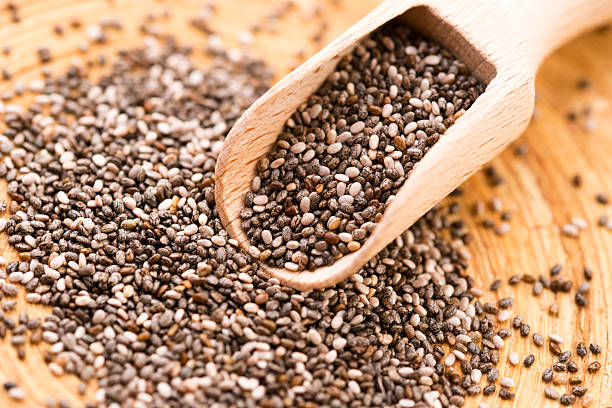 istock Nutritious chia seeds on a wooden spoon 513726451