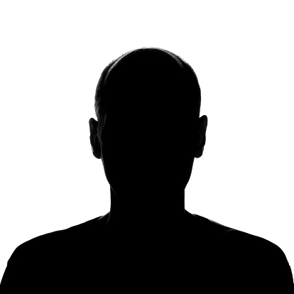 A man's head and shoulders silhouette isolated on white.