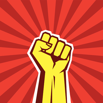 Hand up proletarian revolution - vector illustration concept in Soviet Union agitation style. Fist of revolution.