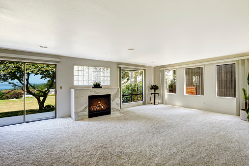 Bright empty room with fireplace and carpet floor. Glass slide door to backyard