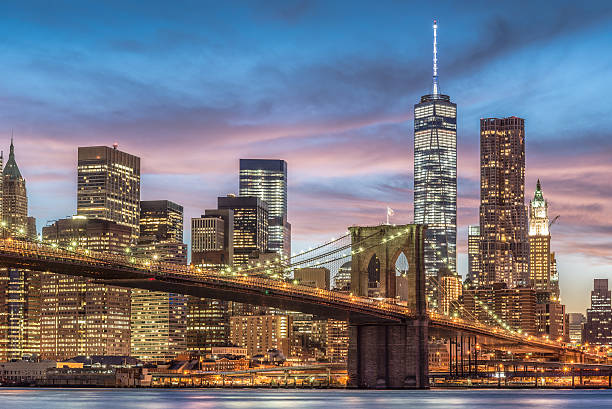 Brooklyn Bridge with sunset, New York City stock photo