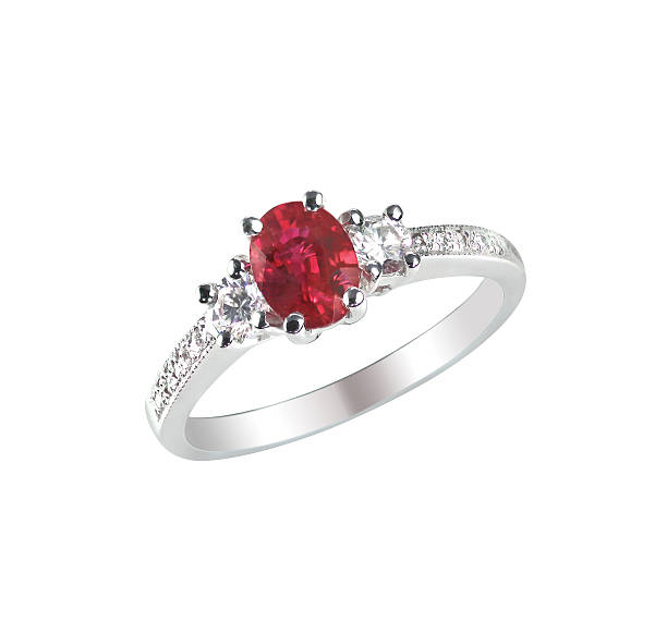Ruby center stone diamond ring Ruby Center Stone Ring isolated on white ring jewelry photos stock pictures, royalty-free photos & images