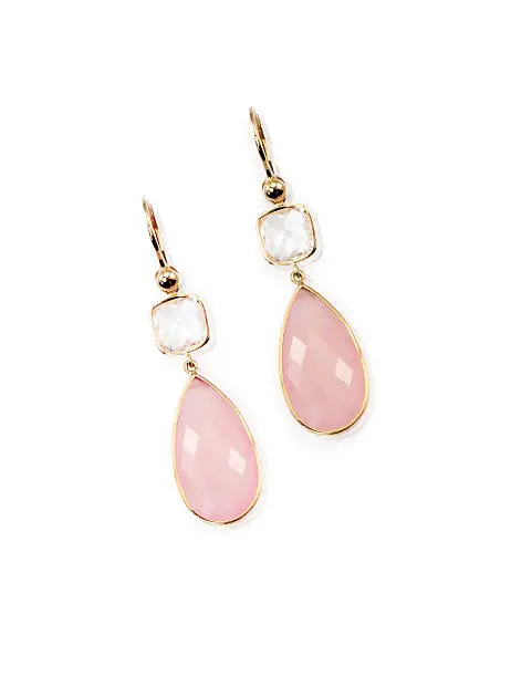 Pair of pink rose quarts dangle elegant earrings isolated on white with a description