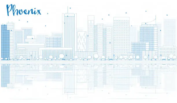 Vector illustration of Outline Phoenix skyline with blue buildings and reflections.