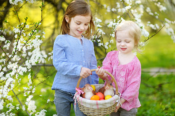 две маленькие девочки держа корзина пасхальные яйца - apple eating little girls green стоковые фото и изображения