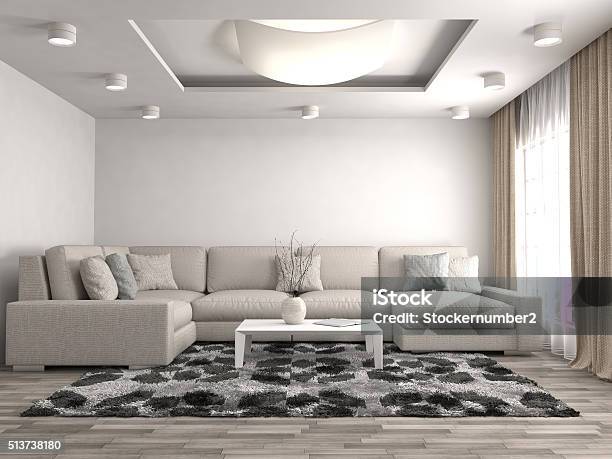 Interior With Sofa 3d Illustration Stock Photo - Download Image Now - Apartment, Armchair, Blue