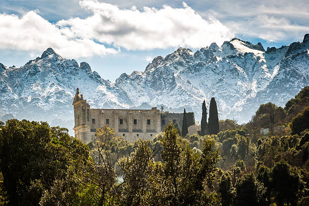 San Francesco convent and mountains at Castifao in Corsica stock photo