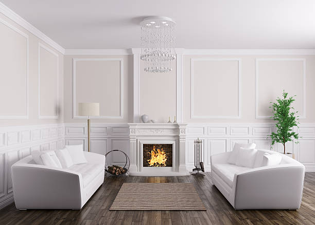 istock Interior of living room with sofas and fireplace 3d render 513739134