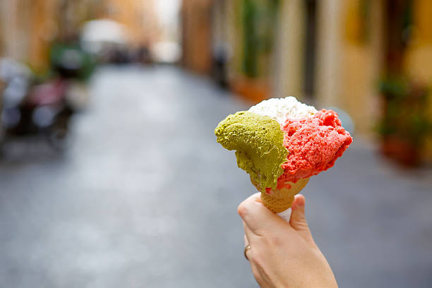 istock Famous italian ice cream in cone - red, white green 513741340