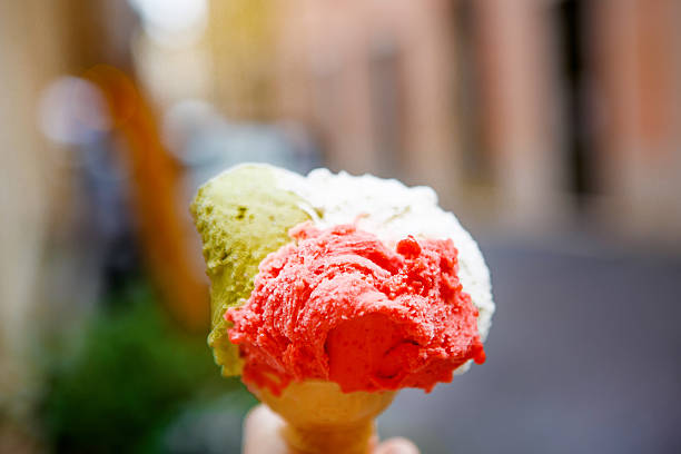 Famous italian ice cream in cone - red, white green