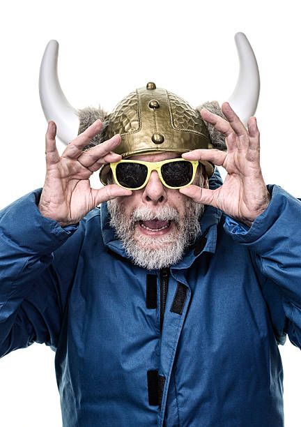Horned Helmet Armor Senior Man Holding Grubby Opaque Sunglasses