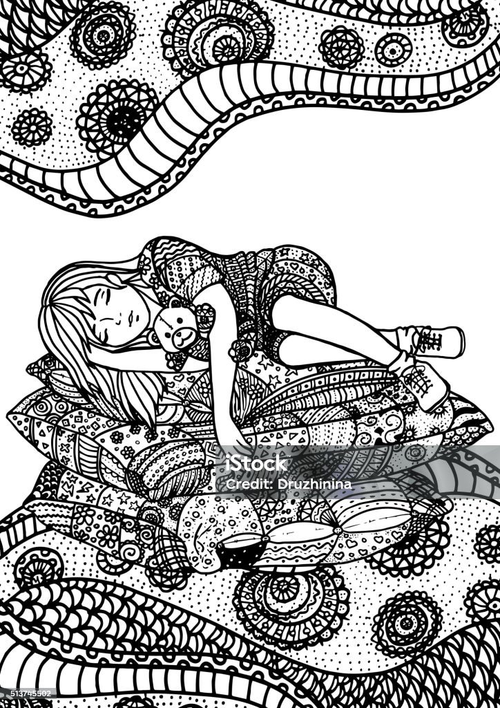 Sleeping girl on pillows Sleeping girl on pillows. A4 size. Pattern for adult coloring book. Hand drawn design with ethnic, doodle elements. Vector. Tangle Pattern stock vector