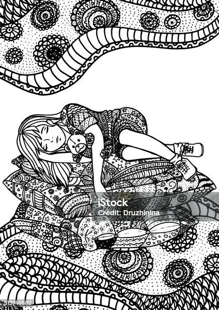Sleeping Girl On Pillows Stock Illustration - Download Image Now - Tangle Pattern, Teddy Bear, Abstract