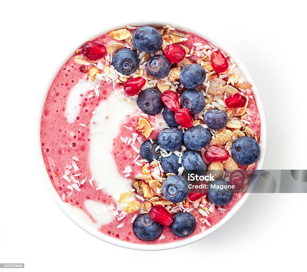 breakfast smoothie bowl breakfast smoothie bowl isolated on white background, top view Smoothie Stock Photo