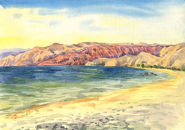 sea,  beach, mountains. Landscape. Watercolor painting sea,  beach, mountains. Landscape. Watercolor painting taba stock illustrations
