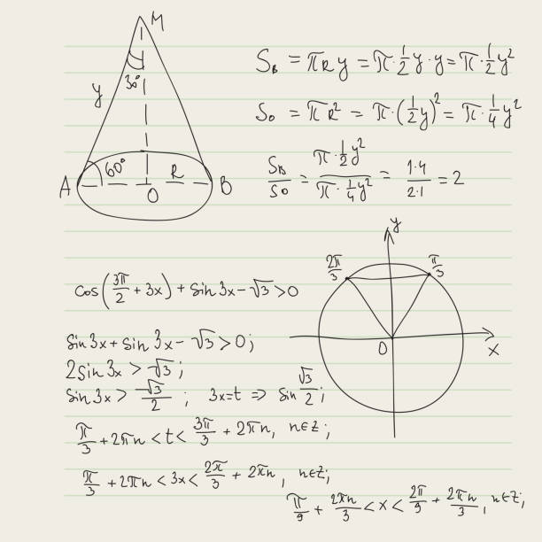 Vector pattern with mathematical formulas Vector pattern with mathematical formulas, calculations, graphs, proof and scientific research in the field of algebra, geometry. Paper sheet with hand-drawn characters. integral stock illustrations