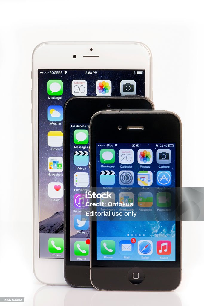 Apple iPhone 6 Plus, iPhone 5 and iPhone 4 Comparison Montreal, Сanada - September 20, 2014: Apple iPhone 6 Plus, iphone 5 and iPhone 4. Both devices are showing the homepage with default wallpaper and are isolated on white on a reflective surface. Apple Computers Stock Photo