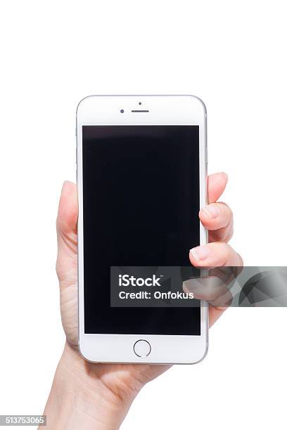 Human Hand Holding Iphone 6 Plus With Black Screen Isolated Stock Photo - Download Image Now