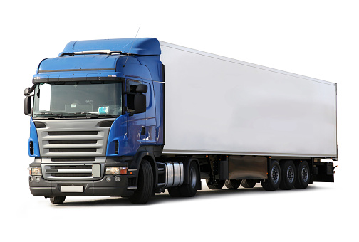 Blue Commercial Land Vehicle with clipping path on white background