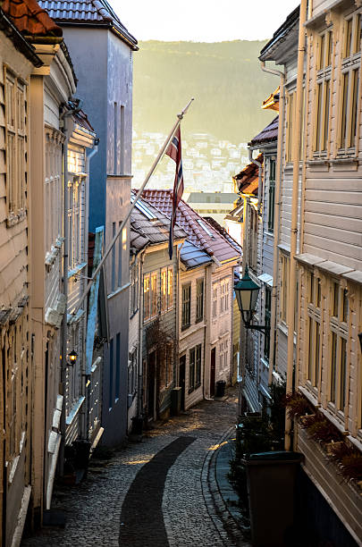 Bergen, Norway - Street with Norwegian flag