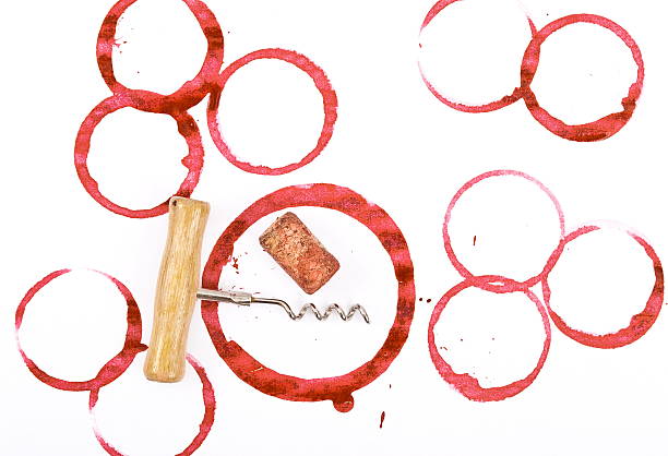 istock Wine cork, corkscrew and round, red wine stain 513757872